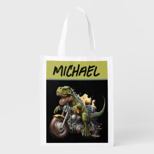 Tyrannosaurus Rex Dinosaur Riding a Motorcycle Grocery Bag