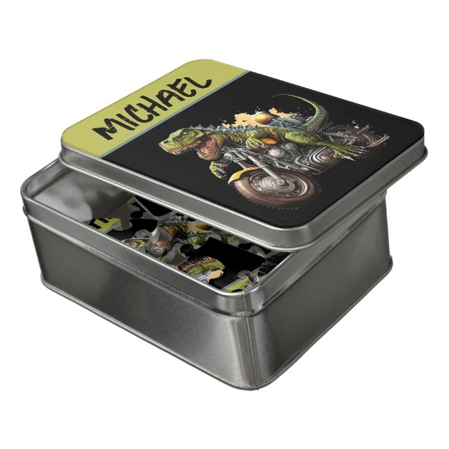 Tyrannosaurus Rex Dinosaur Riding a Motorcycle Jigsaw Puzzle (Lid Open)