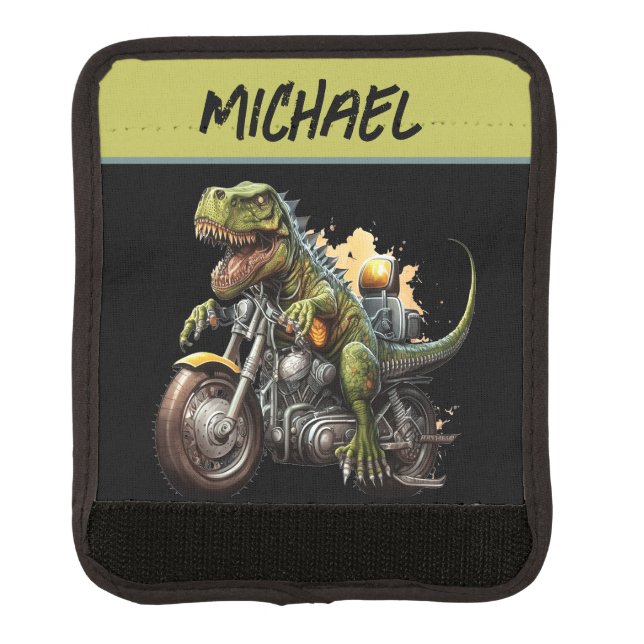 Tyrannosaurus Rex Dinosaur Riding a Motorcycle Luggage Handle Wrap (Front)