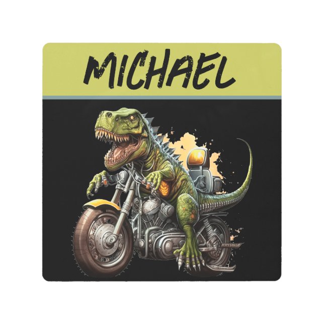 Tyrannosaurus Rex Dinosaur Riding a Motorcycle Metal Print (Front)