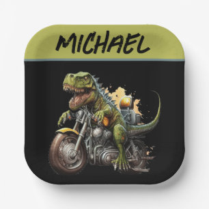 Tyrannosaurus Rex Dinosaur Riding a Motorcycle Paper Plates