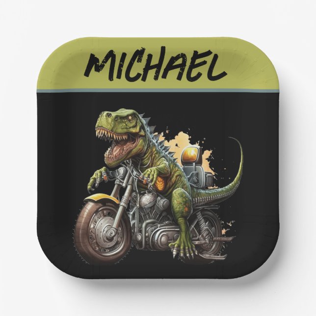 Tyrannosaurus Rex Dinosaur Riding a Motorcycle Paper Plates (Front)