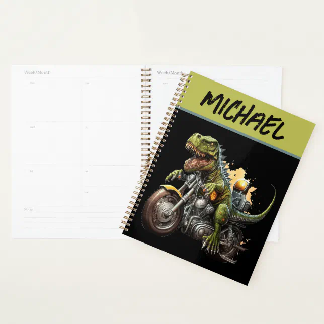 Tyrannosaurus Rex Dinosaur Riding a Motorcycle Planner | Zazzle