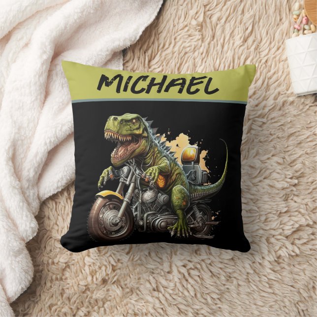 Tyrannosaurus Rex Dinosaur Riding a Motorcycle Throw Pillow (Blanket)