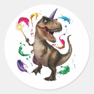 Tyrannosaurus Rex dinosaur with a unicorn horn Classic Round Sticker