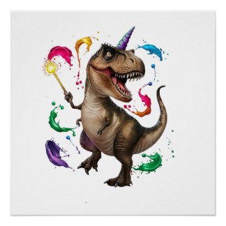 Tyrannosaurus Rex dinosaur with a unicorn horn Poster