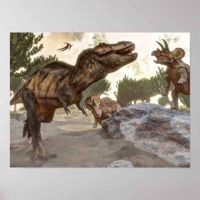 Tyrannosaurus rex escaping from triceratops attack poster (Front)