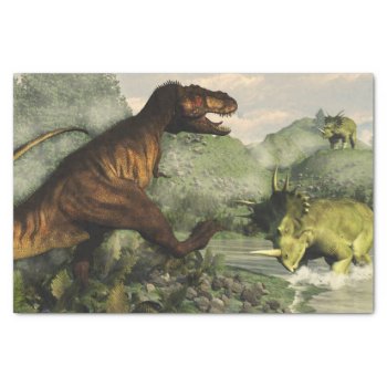 Tyrannosaurus Rex Fighting Against Styracosaurus Tissue Paper by Elenarts_PaleoArts at Zazzle