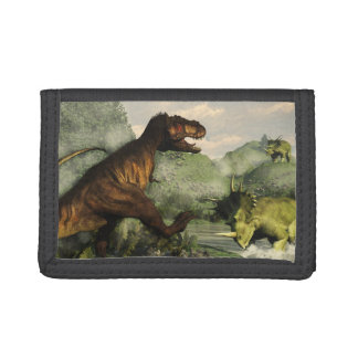 Tyrannosaurus rex fighting against styracosaurus tri-fold wallet