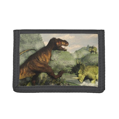 Tyrannosaurus rex fighting against styracosaurus trifold wallet