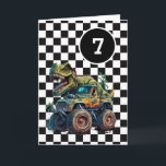Tyrannosaurus Rex Monster Truck 7th Birthday Card<br><div class="desc">A dinosaur monster truck 7th birthday card for boys. Featuring a black and white checkered background on the front with a place you can easily personalize the age if needed. A Tyrannosaurus rex dinosaur on top of a monster truck will delight all dinosaur and monster truck fans.</div>