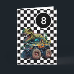 Tyrannosaurus Rex Monster Truck 8th Birthday Card<br><div class="desc">A dinosaur monster truck 8th birthday card for boys. Featuring a black and white checkered background on the front with a place you can easily personalize the age if needed. A Tyrannosaurus rex dinosaur on top of a monster truck will delight all dinosaur and monster truck fans.</div>