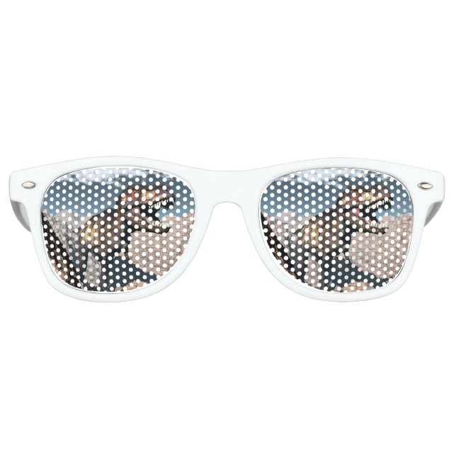 Tyrannosaurus rex roaring in a canyon retro sunglasses (Front)
