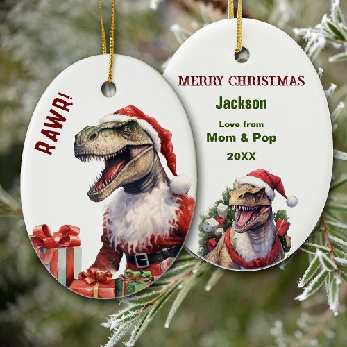 Tyrannosaurus Santa Claus Christmas Ceramic Ornament