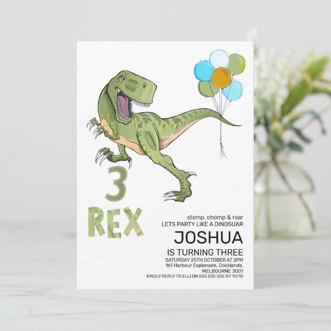 Tyrannosaurus Three Rex Dino 3rd Birthday Invitation (Standing Front)