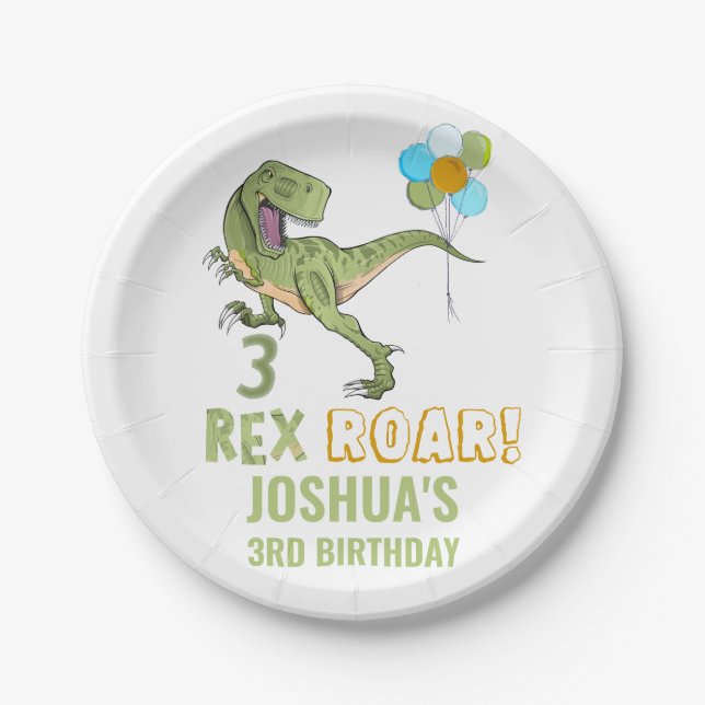 Tyrannosaurus Three Rex Dino 3rd Birthday Paper Plates (Front)