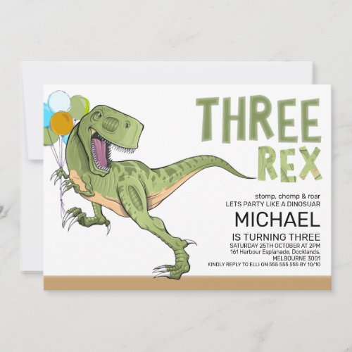 Tyrannosaurus Three Rex Dinosaur 3rd Birthday Invitation