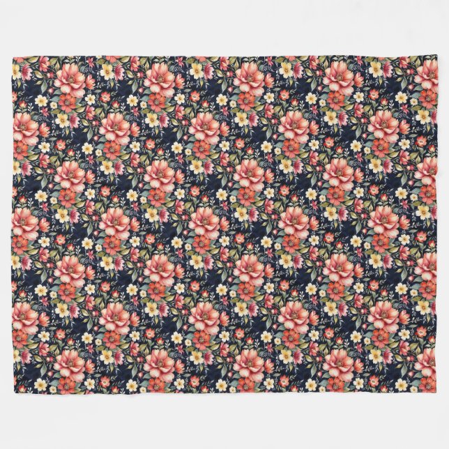Tyrolean Flower Bouquets on Navy Fleece  Blanket (Front (Horizontal))