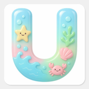 "U" Cute Letter - Underwater Sea Creature Square Sticker