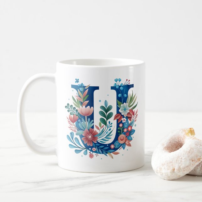 'U' decorative floral monogram Coffee Mug (With Donut)