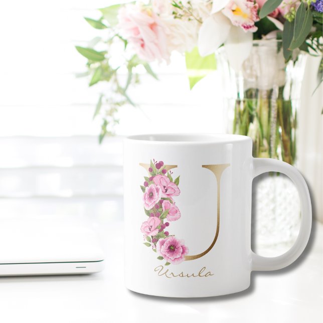 U Letter Gold Monogram Pink Magenta Floral Giant Coffee Mug (Creator Uploaded)
