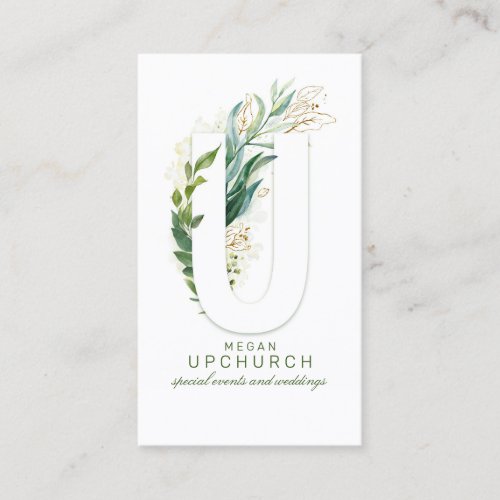 U Letter Monogram Gold Greenery Leaves Elegant Business Card