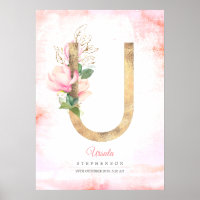 U Letter Monogram Gold Leaves Pink Magnolia Floral Poster