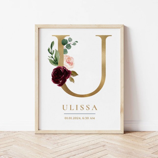 U Letter Monogram Name Marsala Floral Nursery Poster (Creator Uploaded)