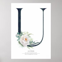 U Letter Monogram White Flowers and Greenery Poster