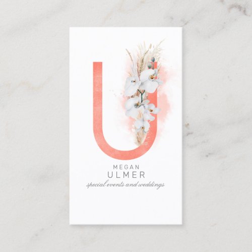 U Letter Monogram White Orchids and Pampas Grass Business Card