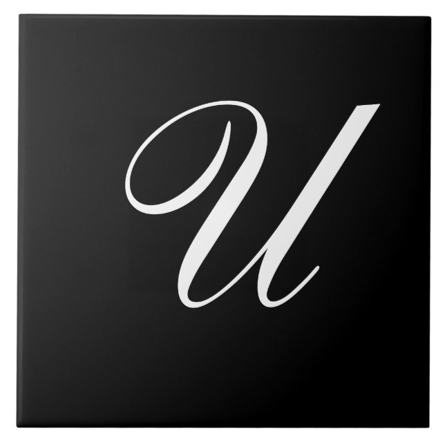 U Monogram Initial White on Black Ceramic Tile (Front)
