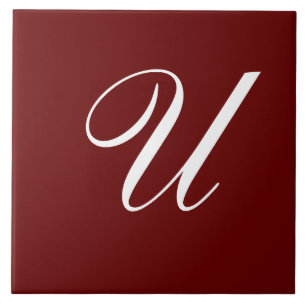 U Monogram Initial White on Maroon Ceramic Tile