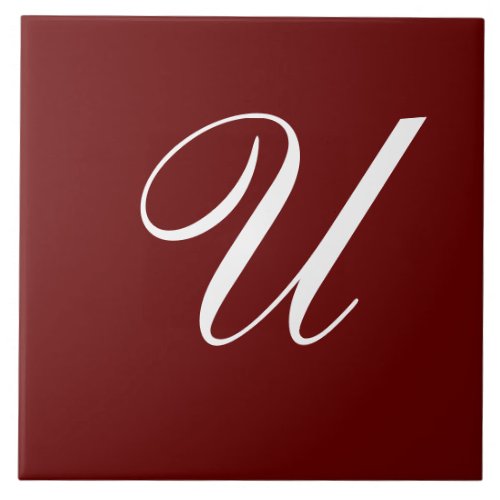 U Monogram Initial White on Maroon Ceramic Tile