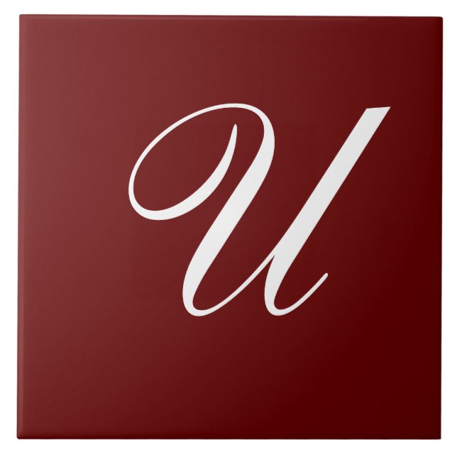 U Monogram Initial White on Maroon Ceramic Tile (Front)