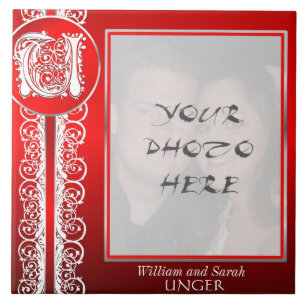 U Monogram "White Lace on Red" with Photo - Tile