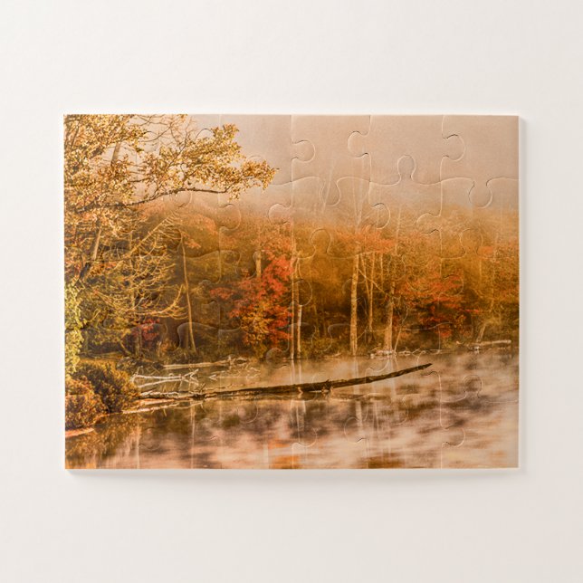 U.P.  Michigan Fog Rising on Pond Travel Photo Jigsaw Puzzle (Horizontal)