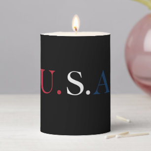 U.S.A. Red White And Blue Lettering Design Pillar Candle