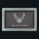U.S. Air Force Logo - Black Belt Buckle<br><div class="desc">This design showcases the official U.S. Air Force logo on a striking blue background. Symbolizing pride,  dedication,  and service,  it’s a timeless and patriotic tribute to the United States Air Force and its rich tradition of excellence.</div>