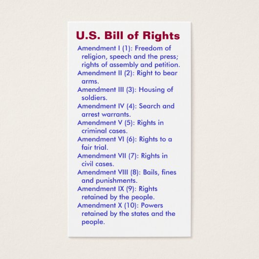 U.S. Bill of Rights ~ First 10 Amendments ~ (Front)