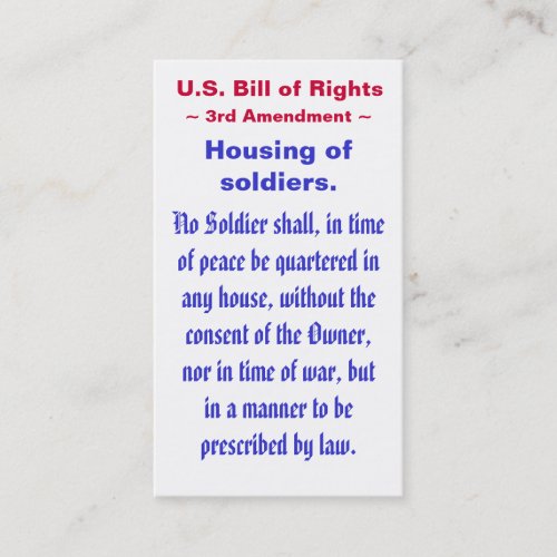 US Bill of Rights  Third 3rd Amendment  Business Card