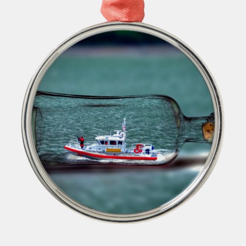 US Coast Guard Ship in a Bottle Metal Ornament