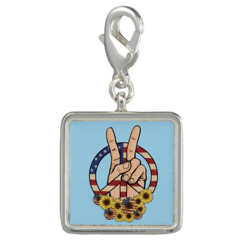 US Flag Floral Peace Symbol Sign on Blue Silver Charm