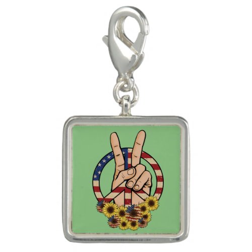 US Flag Floral Peace Symbol Sign on Green Silver Charm