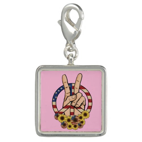 US Flag Floral Peace Symbol Sign on Pink Silver Charm