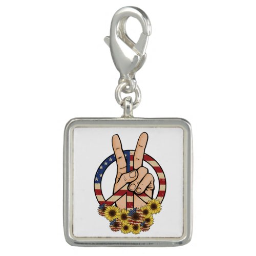 US Flag Floral Peace Symbol Sign on White Silver Charm