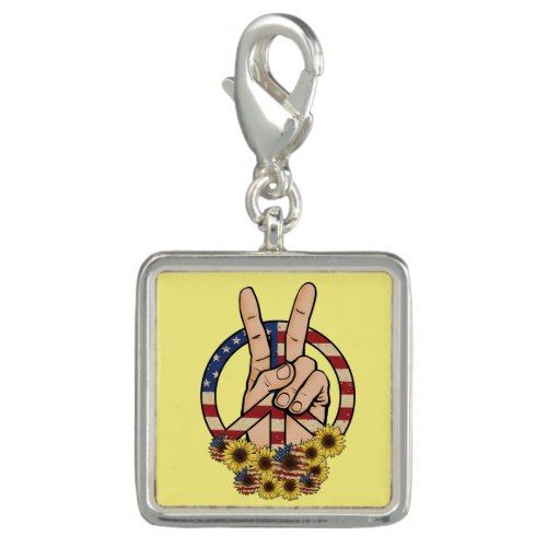 US Flag Floral Peace Symbol Sign Yellow Silver Charm