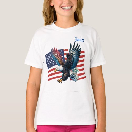US Flag with American Eagle Girls  T_Shirt