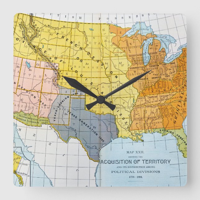 U.S. MAP, 1776-1884 SQUARE WALL CLOCK (Front)