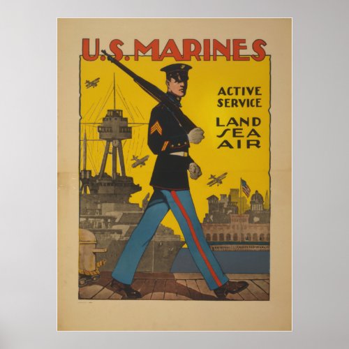 US Marines  Active Service  Land Sea Air Poster