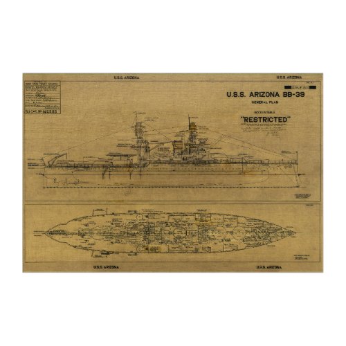 USS ARIZONA Battleship Blueprint 1934 Acrylic Print